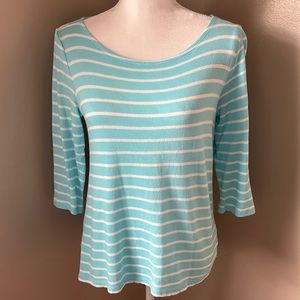 Talbots aqua ocean blue and white stripe boat neck, 3/4 sleeve top. SP